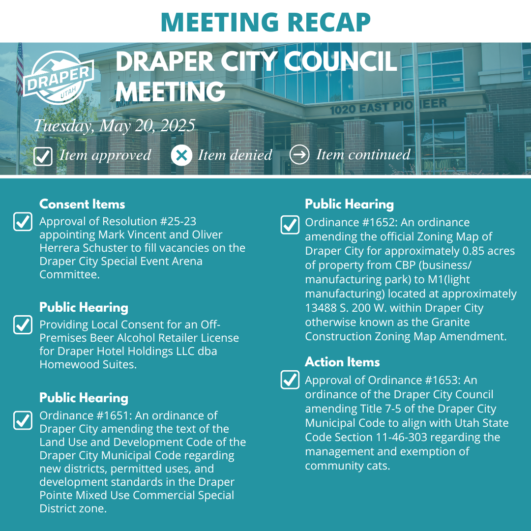 Graphic showing background image of the front of Draper City Hall and logo with itemized recap of actions taken at city council meeting, May 20, 2025